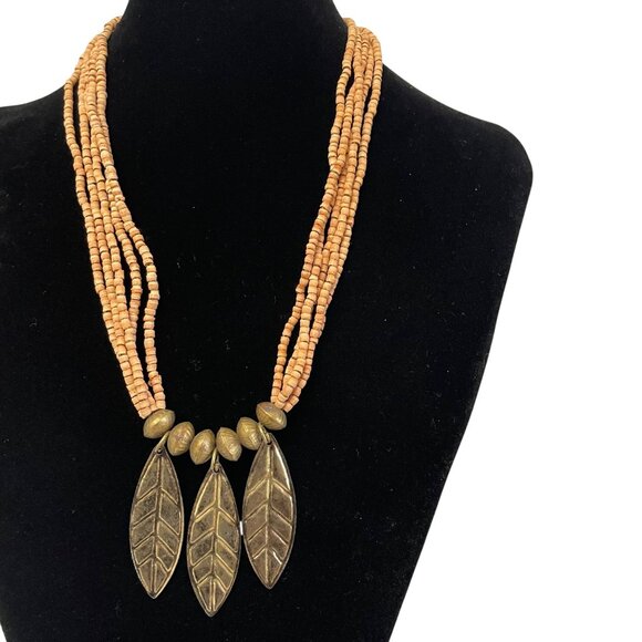 Handmade Multistrand Beaded Necklace 20" Bronze Leaf Pendants Gold Accents - Picture 2 of 6